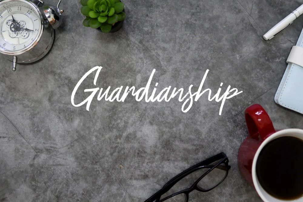 The word 'Guardianship' written prominently in the background, symbolizing a lawyer discussing the different types of guardianships in Florida
